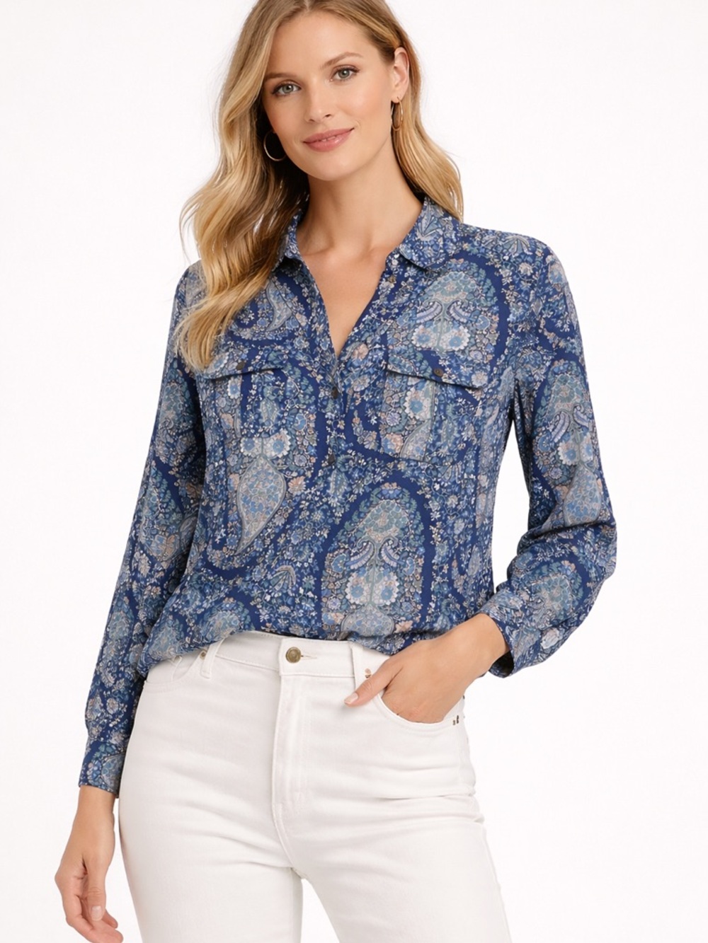 J.CREW Silk Popover Paisley Blouse Small Blue Patch Pocket Boho Shirt